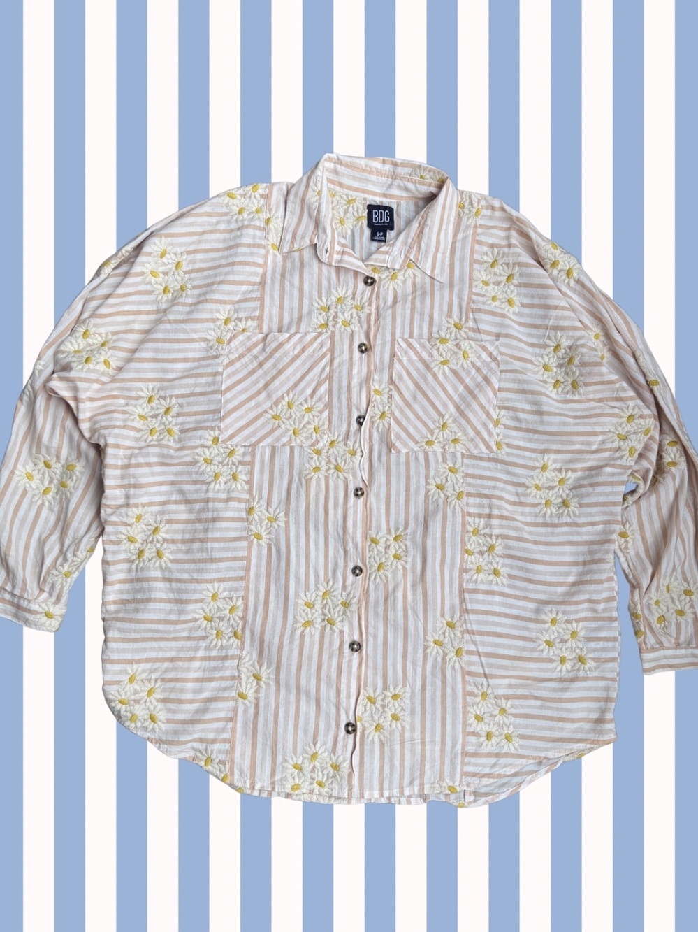 BDG Striped Daisy Embroidered Shirt - Cream & Yellow